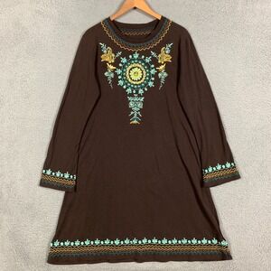 Double D Ranch Dress Size Large L Brown Long Sleeve Embroidered Embellished Boho